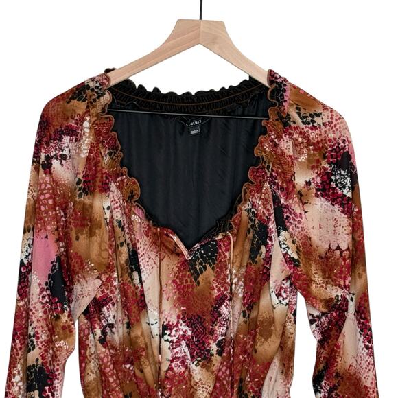 Elementz Earth Tones Deep V Neck Ruffled Cinched Long Sleeve Romantic Blouse - Picture 7 of 7